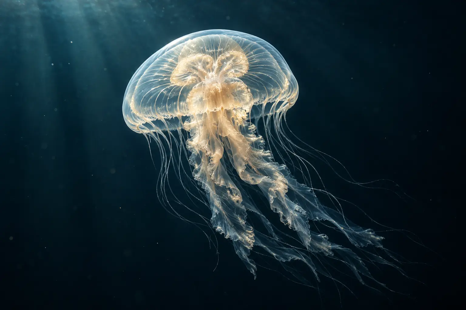 Original jellyfish image for ASCII art: a luminous pearl bell and delicate golden tentacles in a midnight-blue ocean